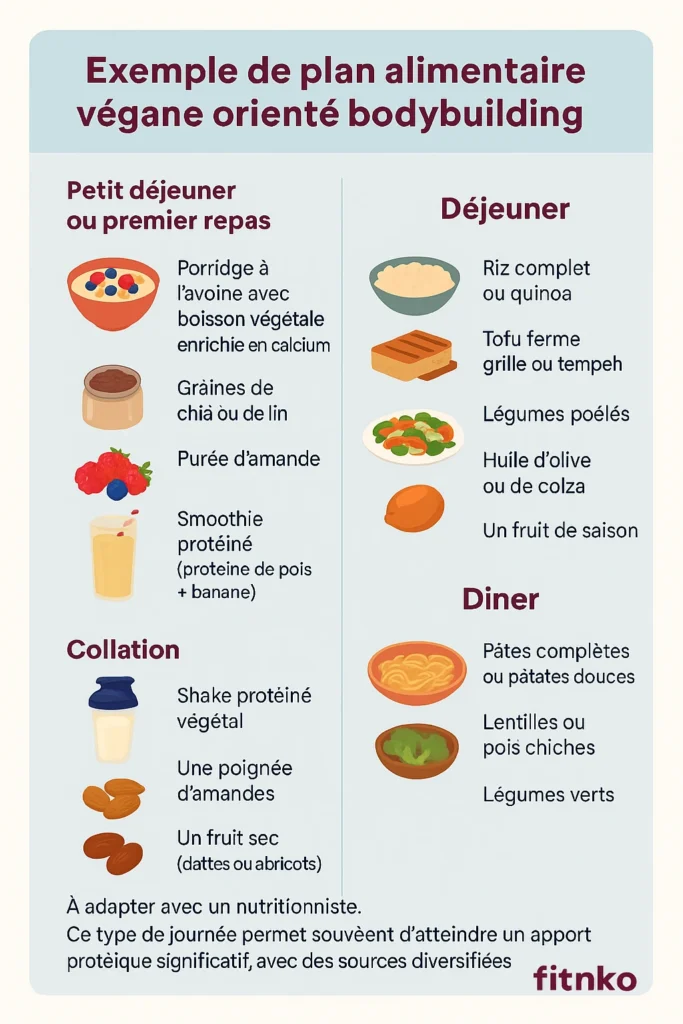 une infographie sur la journée nutritionnelle d'un vegan pour du bodybuilding
