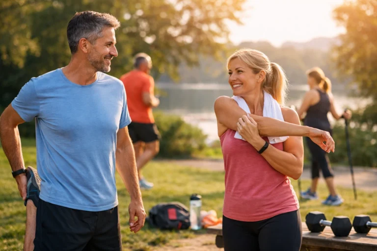 un homme et une femme de 40 ans qui s'apprêtent à faire du sport