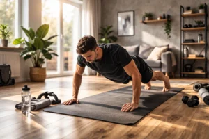 un homme qui s'entraine chez lui